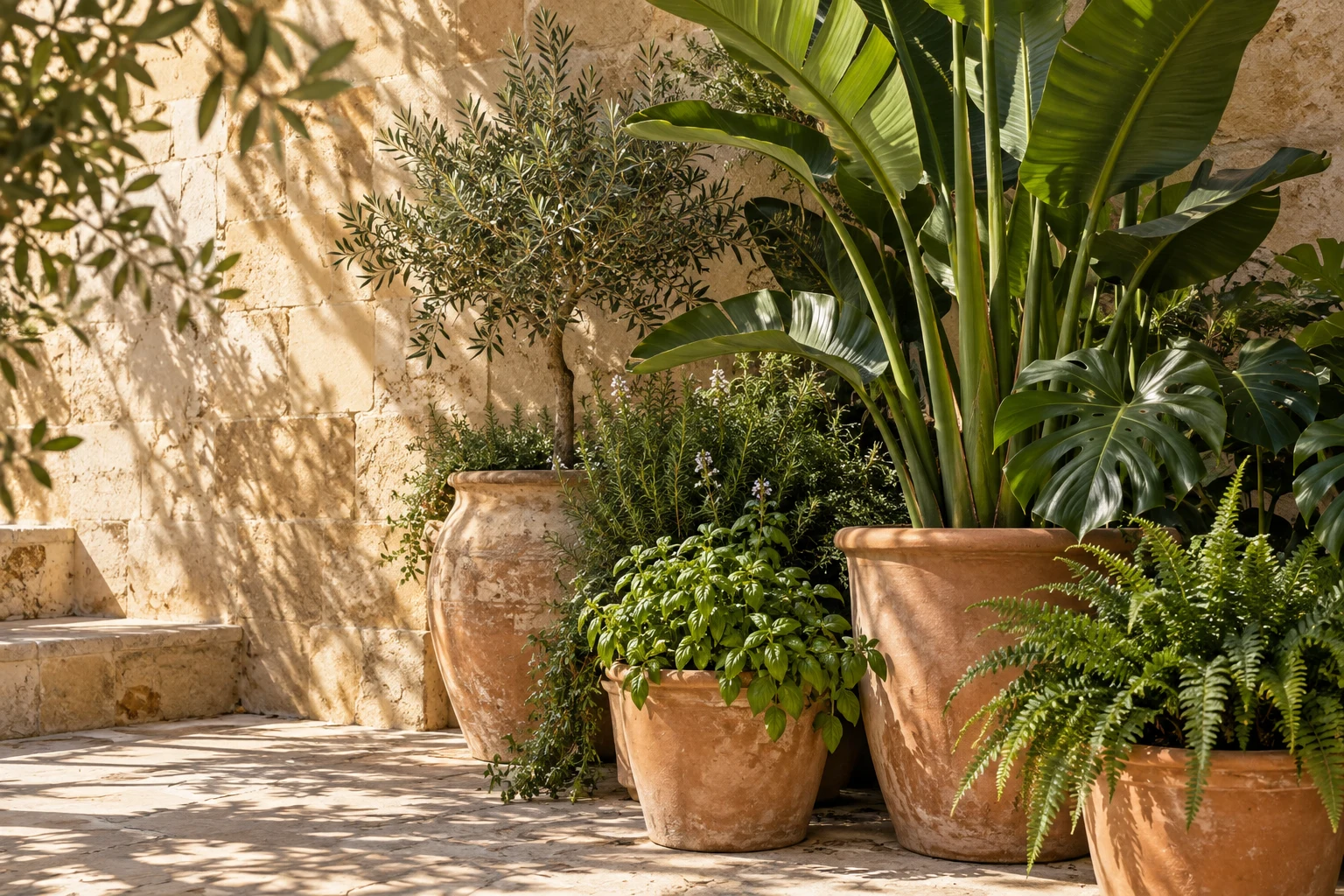 Garden inspiration: lush foliage and terracotta pots in a sunlit Mediterranean courtyard